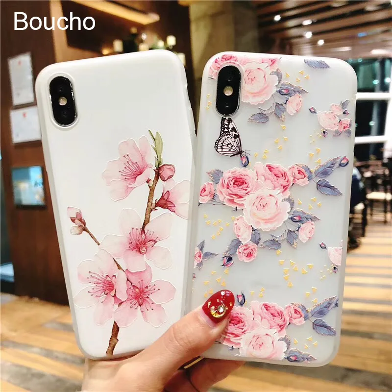 Boucho Ultra-thin Soft Silicone Case For iphone X 6 6s 7 8 Plus Lovely Relief Flower Floral Butterfly Pattern Phone Cases |
