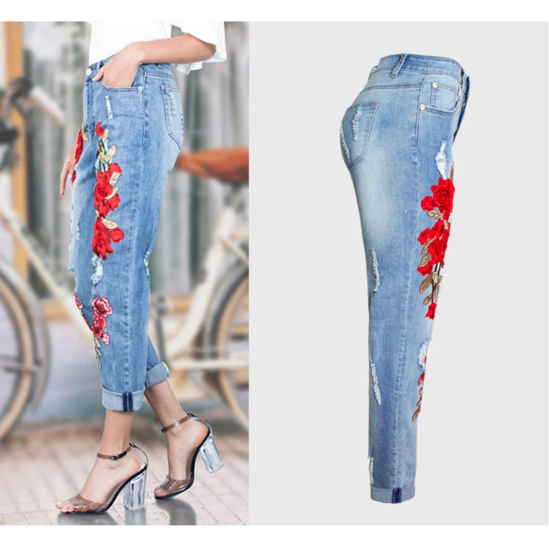 2017 Hot Vogue Jeans Women Stretch Loose Denim Pants Floral 3D Embroidery Bleach Ripped Pants Female Elastic Denim Jeans Pants