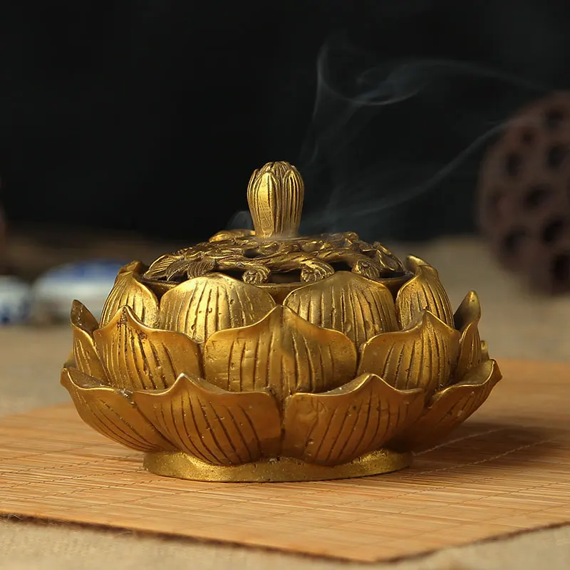

New Mini Tibetan Lotus Incense Burner Home Decor Alloy Bronze Metal Craft Golden Copper Mini Censer Buddha Incense Holder
