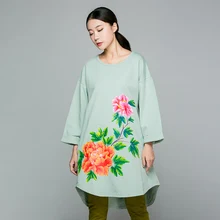 New2017autumn Для женщин китайский стиль пион ручной росписью нерегулярные длинная футболка плюс Размеры свободный крой хлопковые футболкикоттоновые Футболки Большие размеры Топы XXXXL
