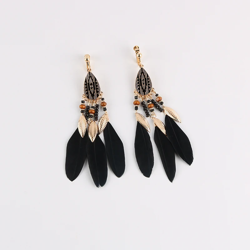 Fashion Bohemian Long Tassel Enamel Feather Clip on Earrings For Women ear clip earrings,clip earrings,ear clip,ear accessories