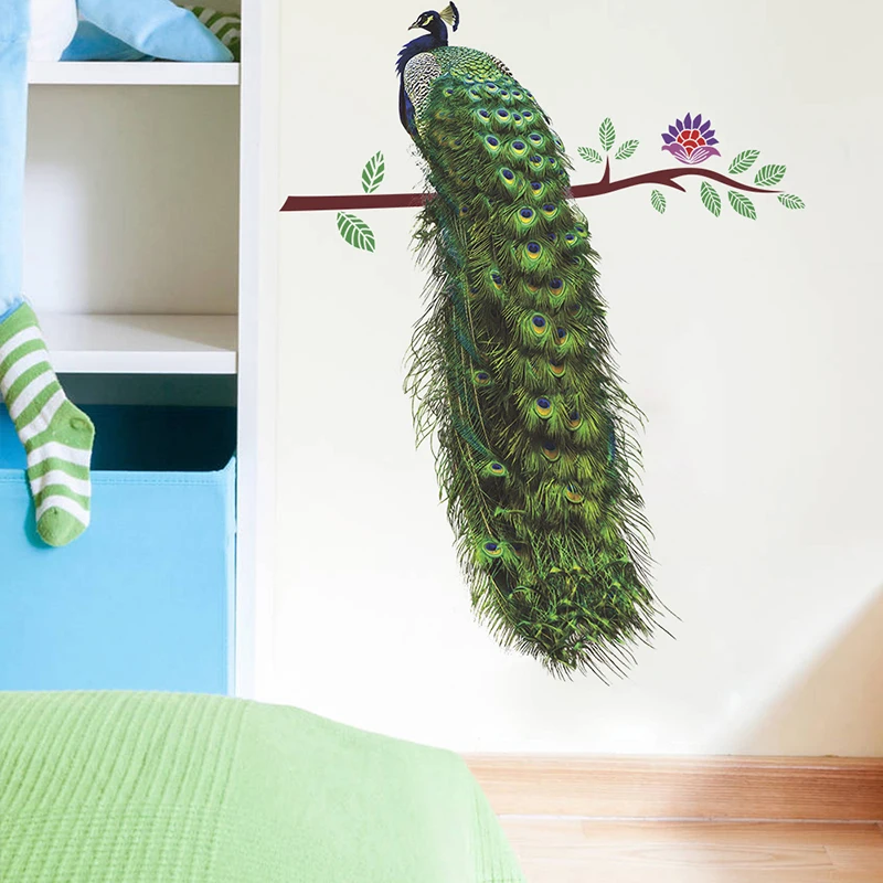 Colourful Animals Peacock On Branch Feathers Wall Stickers 3D Vivid Wall Decals Home Decor Art Decal Poster Animals Home Decor