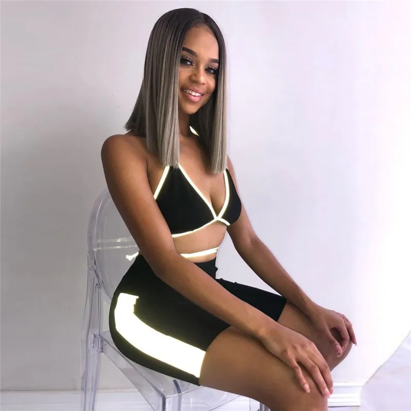 

Yvlvol Reflective strip 2019 women Set summer Two Piece Set gym Sexy clothes for female tracksuit top Set shorts sleeveless