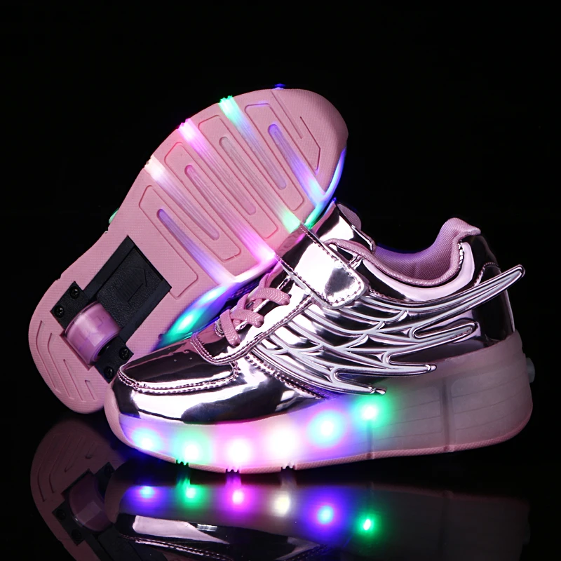 Descubrimiento mesa pila Zapatos de patín con luz LED para niños y niñas, zapatillas con ruedas,  color rosa y negro, baratos, a la moda, novedad|Zapatillas deportivas| -  AliExpress