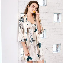 Ночная сорочка с принтом и халат, 2 шт., домашняя одежда, сексуальное кимоно, халат, атласное интимное белье, халат, домашняя одежда, женская ночная рубашка