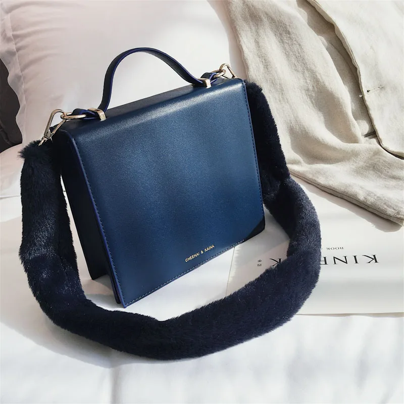 Женская большая кожаная сумка, Официальный плюшевый ремень, сумка на плечо, дизайнерская женская сумка-мессенджер с буквами, Женская Повседневная Сумка-тоут с клапаном - Цвет: Синий
