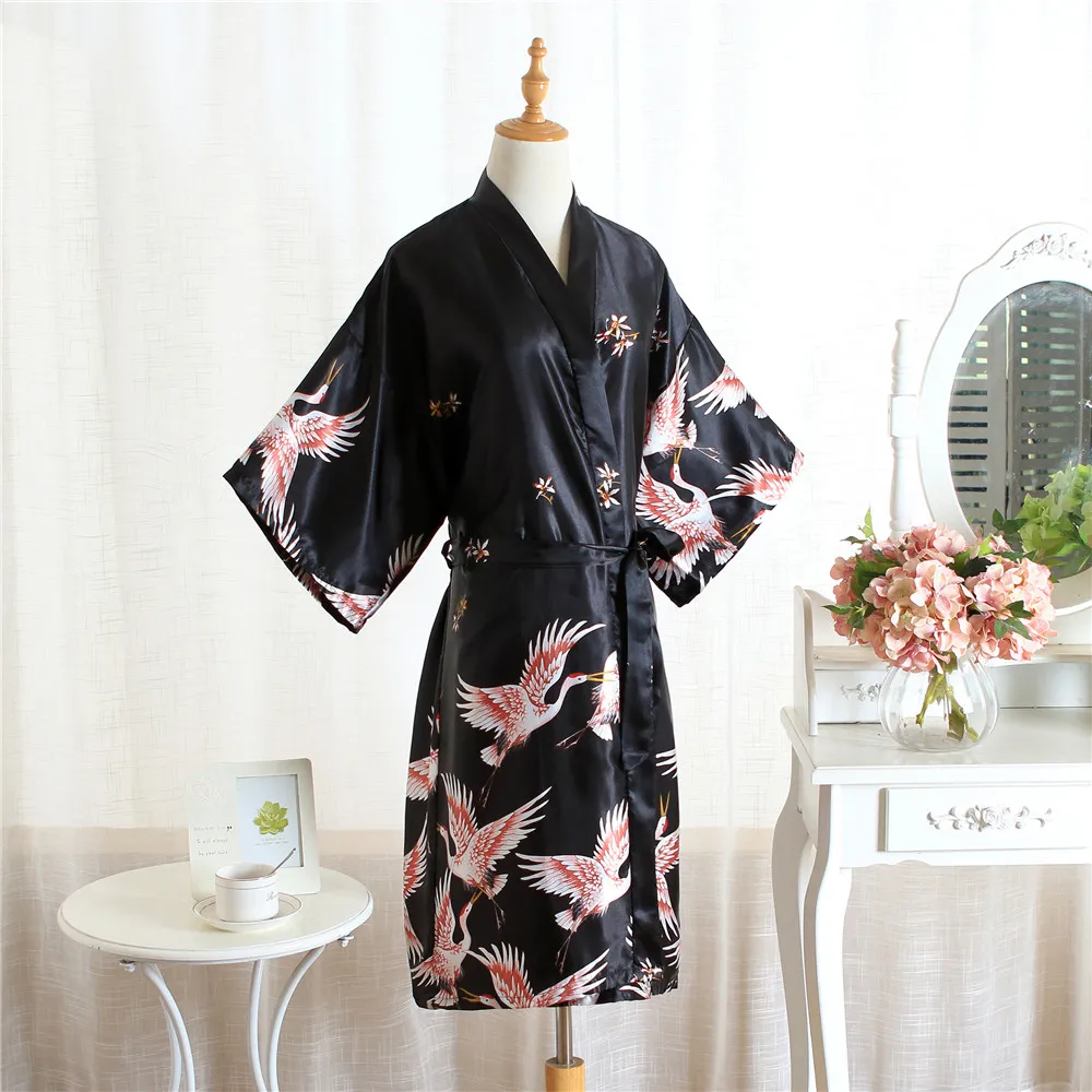 Женская ночная рубашка с принтом Журавля, кимоно, халат, сексуальный, черный, для невесты, винтажные халаты, повседневная, юката, домашняя одежда, свадебные подарочные пижамы