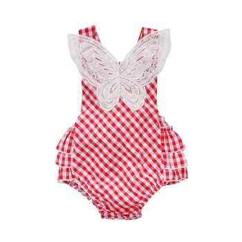 

2017 Summer Baby Girls Butterfly Floral Bodysuits Babies Girl Overlap Cross Strap Backless Plaids Bodysuit 0-24M Clothing
