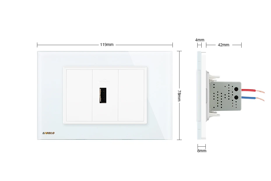 Livolo 1 банда USB зарядное устройство(5 В 2.1A), белая стеклянная панель 1 порт USB, настенный USB разъем питания, VL-C91USB-11