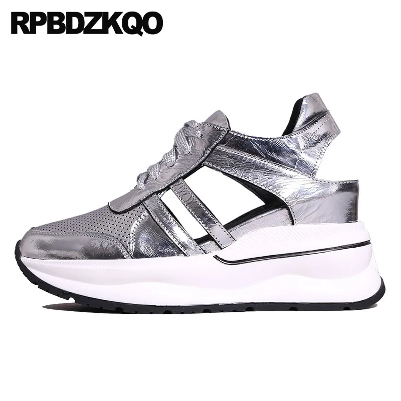 

Round Toe Silver Lace Up High Heels Pumps Platform Shoes Strap Wedge Gladiator Slingback Strappy Women Catwalk Mesh Celebrity