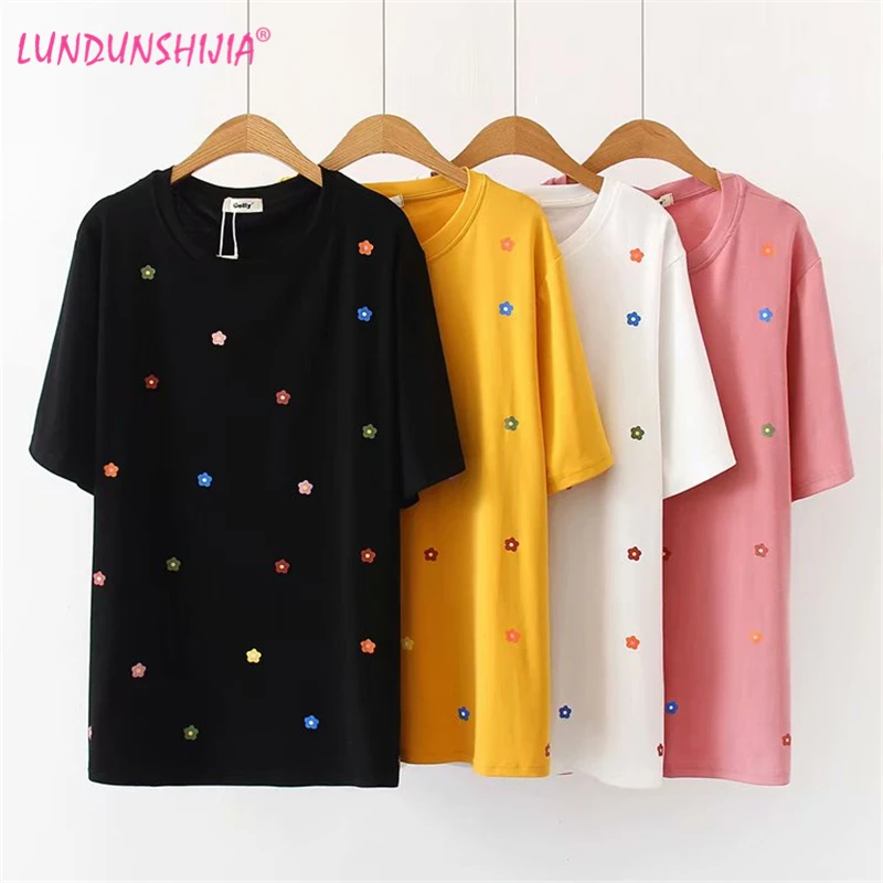 

LUNDUNSHIJIA 2019 Summer Flowers Printed T-shirts Women 100%Cotton Female T-shirt O-neck Short Sleeve Loose Tees Tops 4 Colors