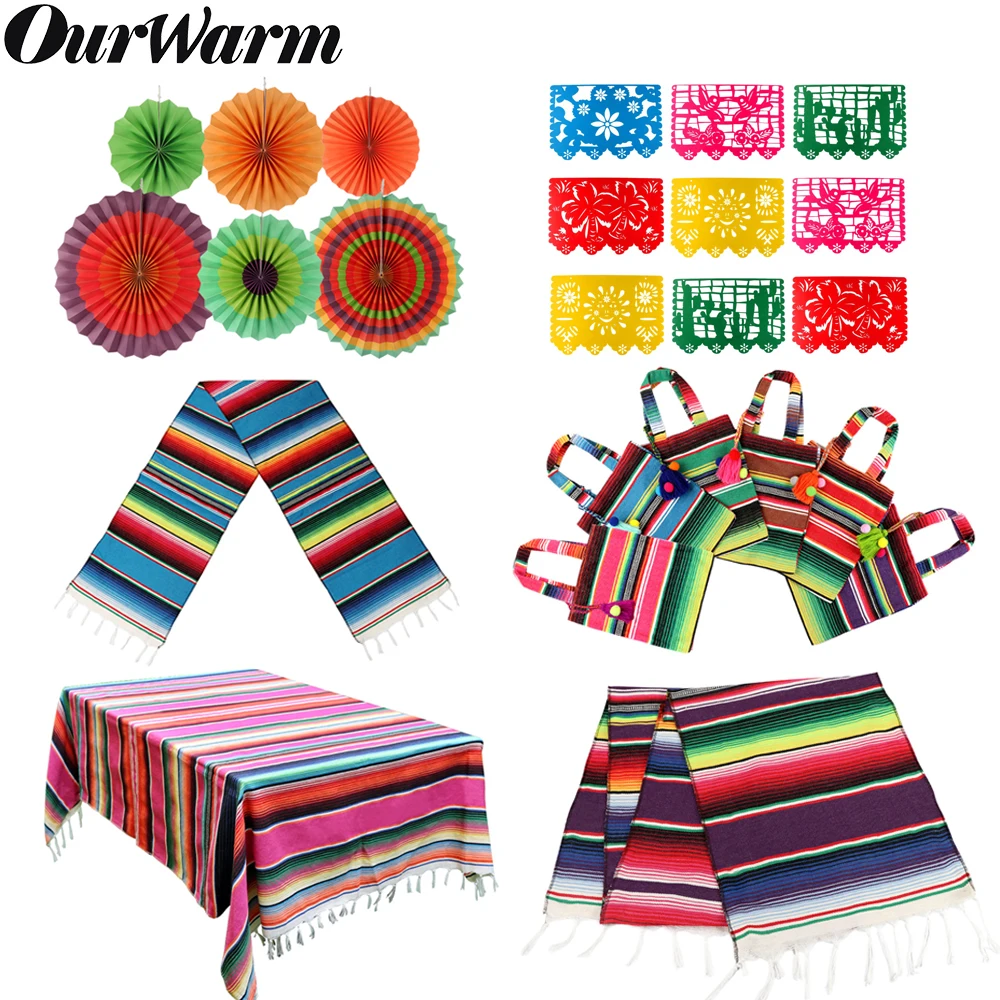 OurWarm Cotton Table Runner Blue Mexican Fiesta Party Colorful Blanket