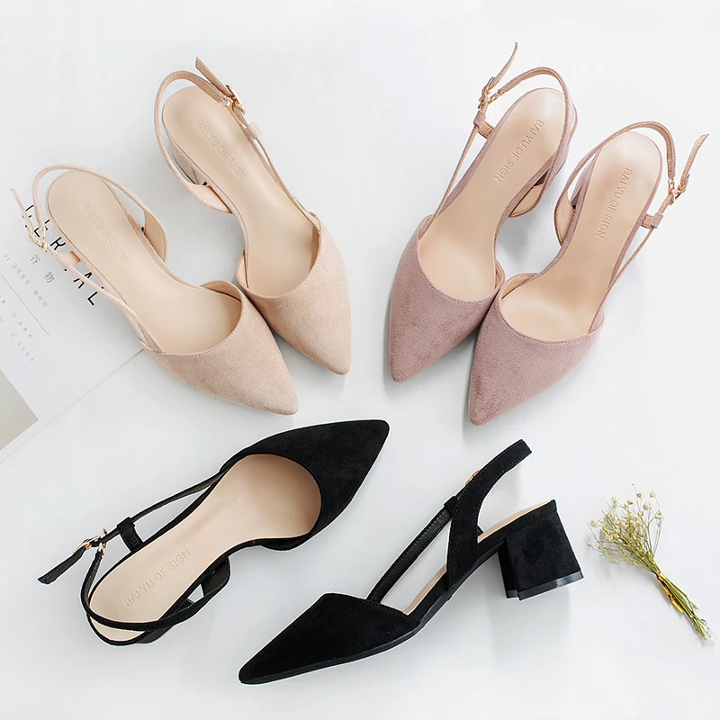 

New Autumn Spring Women's High Heels Female Flock Ankle Straps Slingback Square Middle Heels Elegant Casual Wedding Shoes Pumps