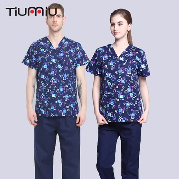 

Blue Geometric Print Scrub Set Short-sleeved (Pet) Doctor Nurse Uniform Hospital Medical Beauty Salon Surgical Workwear Clothing