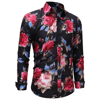 

2019 Hawaiian Brand Spring Shirt Of Men Casual Print Floral Long Sleeve Shirts Button Mens Clothing Socail Slim Fit Blouse