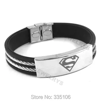 

Free shipping! Classic Superman Bracelet Stainless Steel Jewelry Black Rubber Motor Biker Bracelet SJB0222