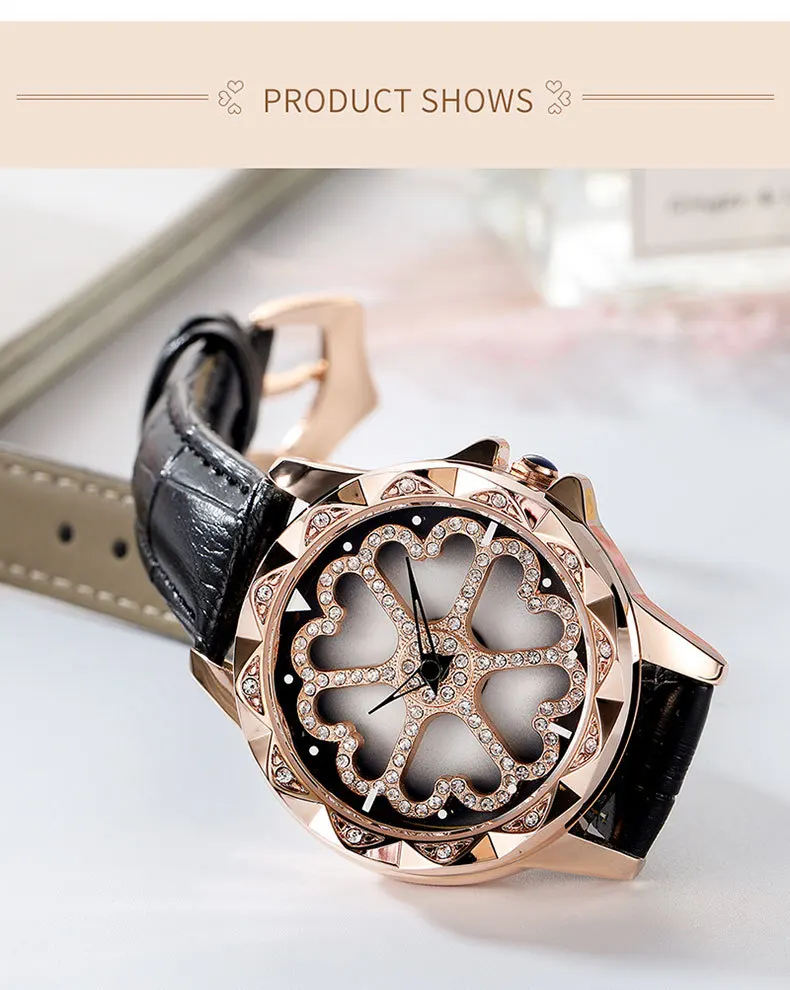 Вращающийся студент часы кварцевые часы для женщин Дамы розовое золото полный часы с алмазами кожаный браслет Водонепроницаемый