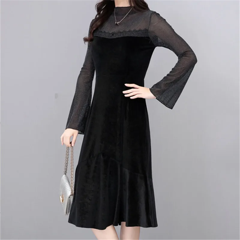 

2019 Autumn Women Velvet Dresses Casual Elegant Long Sleeve High Waist A Line Dress Ladies Turtleneck Vintage Black Vestidos