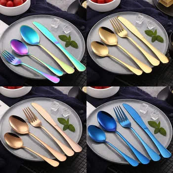 

4 Pcs Stainless Steel Colorful Cutlery Set Rainbow Gold Plated Dinnerware Creative Dinner Set Fork Knife for Wedding and Hotel