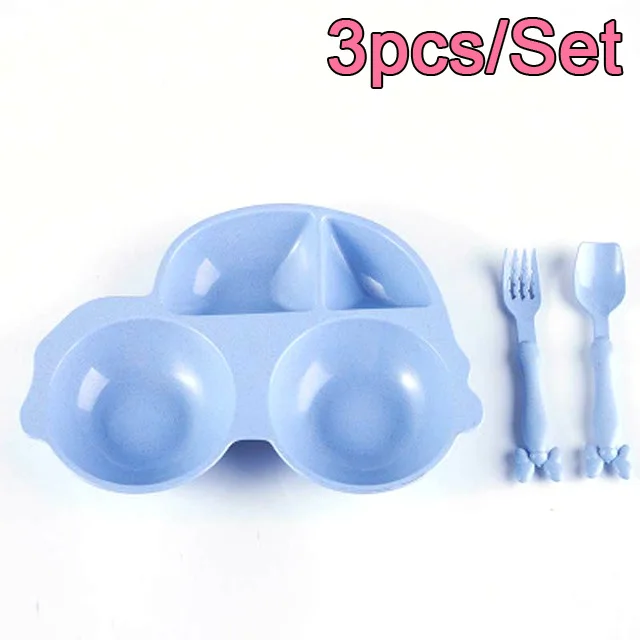 Детская пшеничная посуда, набор для новорожденных девочек и мальчиков, соломенная чаша, ложка, вилка, тарелка, вилка, Мультяшные детские блюда для детей - Цвет: Blue Car 3pcs set