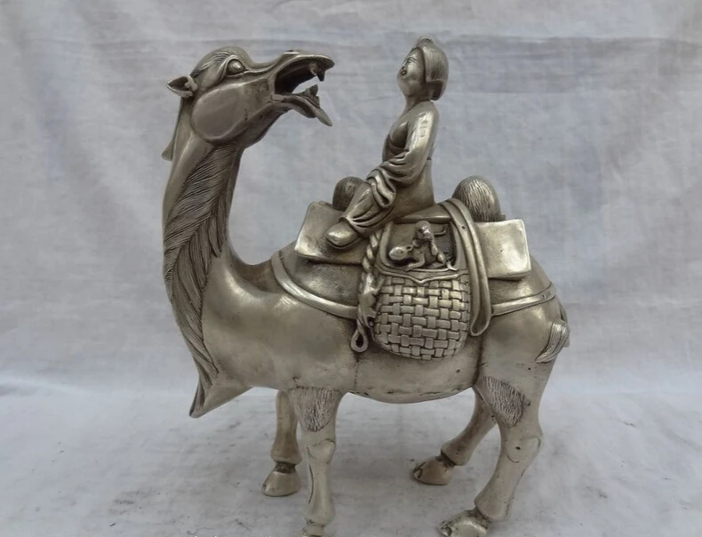 

song voge gem S4109 9" Chinese Silver Wealth Lady Belle Beauty Ride Camel Camal Statue Sculpture