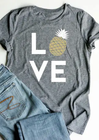 Plus Size Women O-Neck T-Shirt Sleeve Tops Love Pineapple Print Gray Top Casual T Shirt Female Tee Tshirt Tops