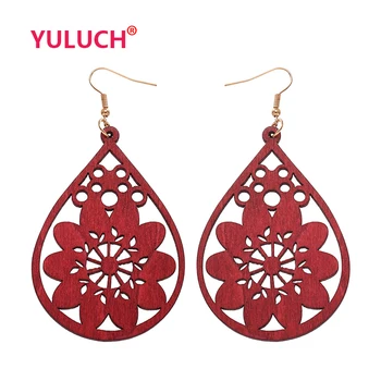 

YULUCH Wooden Water Drops Hollow out Flower Pendant Earrings for African Ethnic Style Fashion Women Earrings Girl Gifts