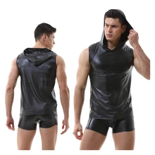 Нижнее белье из искусственной кожи Комплект мужские трусы без рукавов жилет боксеры Клубная одежда плюс размер черный сексуальный круглый воротник Топ Фетиш Bondag