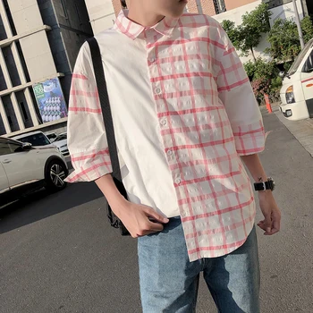 

2019 Summer Korean Men Casual Loose Lattice Solid Color Spliced Cotton Clothes Lapel Seven Part Sleeve Brand Shirt Homme M-XL