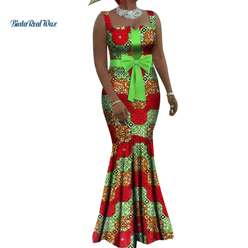 Платья с принтом в африканском стиле для женщин, длинные платья с бантом на ремешке, платья Bazin Riche, платье в африканском стиле, одежда WY3738