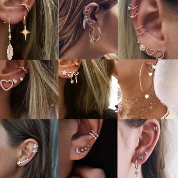 

Vintage Stars Moon Circle Heart Piercing Stud Earrings Set for Women Mix Design Crystal Small Ear Studs Cuff Earrings Set