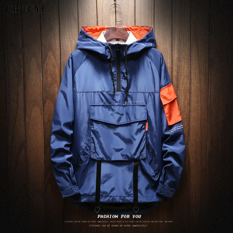 

2018 Autumn Large Pocket Half Zip Men's Jacket Multi Pocket Solid Color Men's Thin Jacket, Men's Sports Trench Coat M-5XL CBUCYI