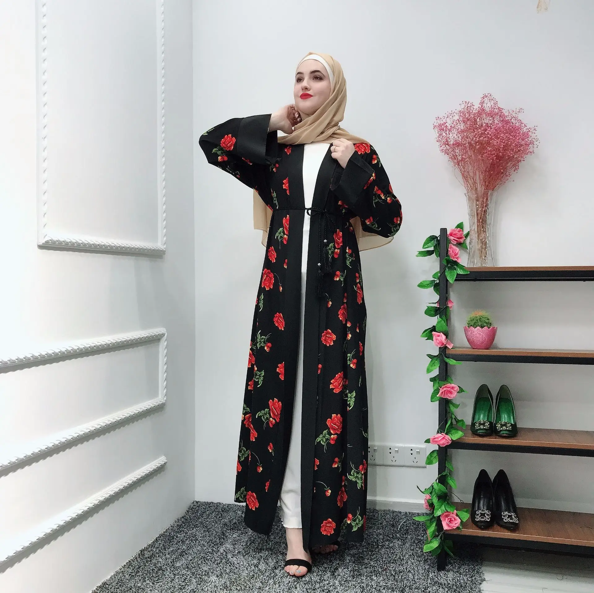 Модная мусульманская печать abaya полный платья кардиган-кимоно длинные халаты Туника Jubah Ближний Восток Рамадан Арабский исламский одежда