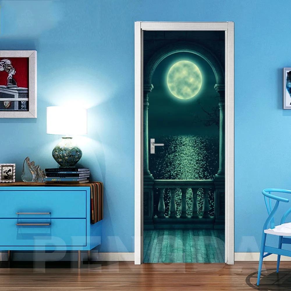Door LXR3081-03 Печать изображения 3D дверь стикер DIY домашний декор Луна наклейка с пейзажем самоклеющиеся обои водоотталкивающие обои ремонт спальни - Цвет: Door LXR3081-03