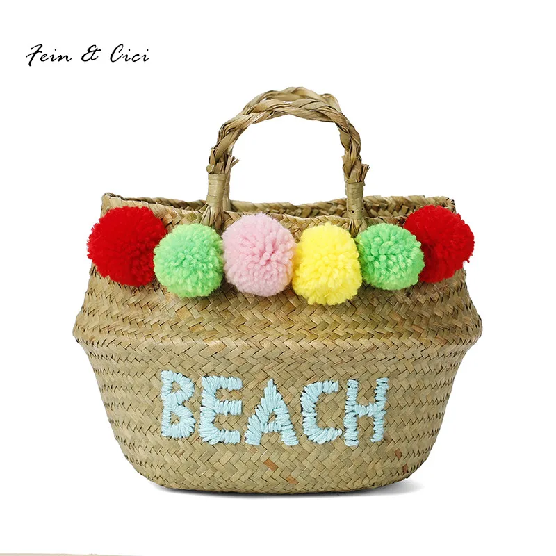 beach bag straw basket totes bag bucket summer bags women pom pom handbag braided summer 2017 ...