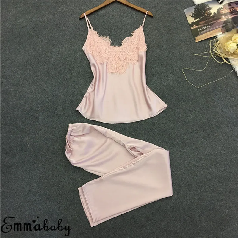 

Women Pajamas Top Long Pant Silk Lace V-neck Sleepwear Lace Lingerie Nightdress Nightgown Sleepwear 2Pcs Pajamas Set