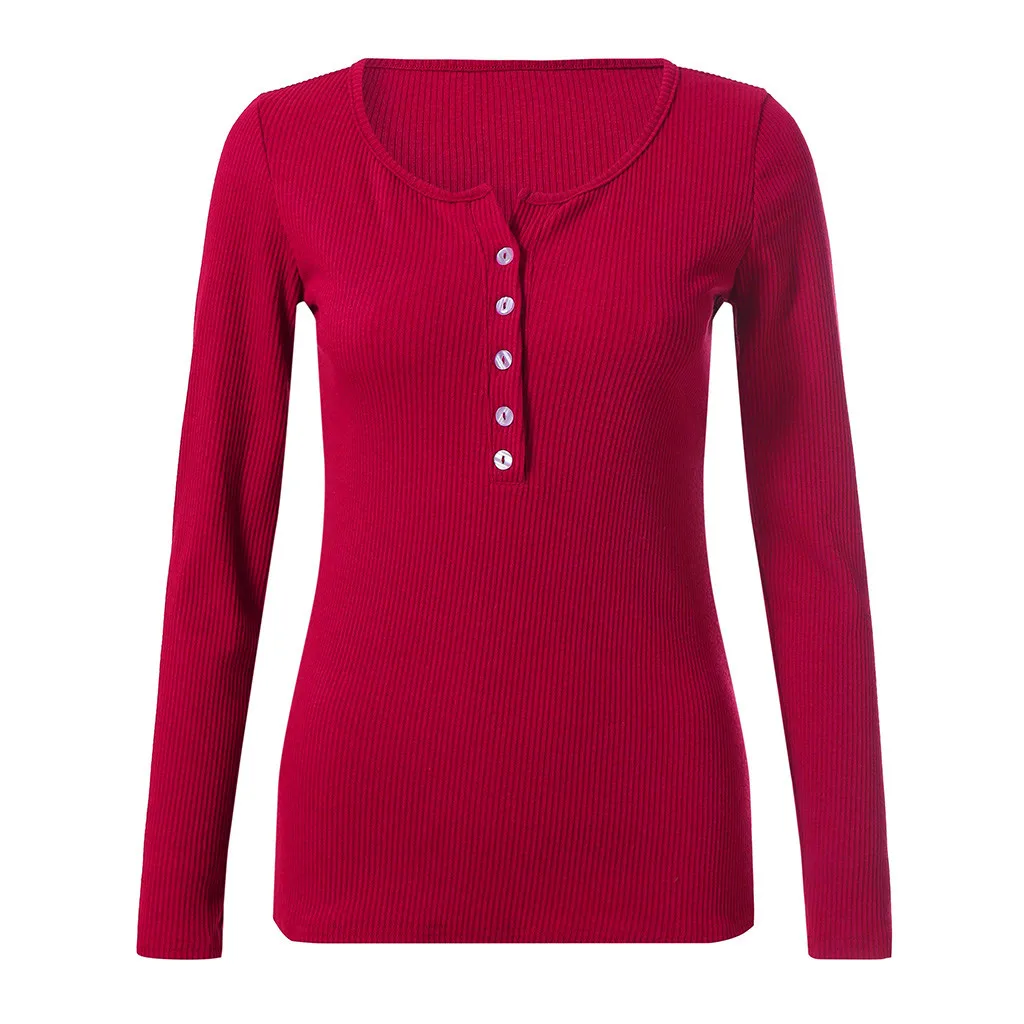Приталенная Базовая футболка на пуговицах, женские топы, Повседневная футболка Хенли с v-образным вырезом и длинным рукавом, одноцветная весенне-осенняя женская футболка - Цвет: Red
