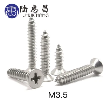 

LUHUICHANG 50PCS 304 Stainless Steel Screws M3.5 Flat Round Head Countersunk Self-Tapping Screws Wood Hardware Tool