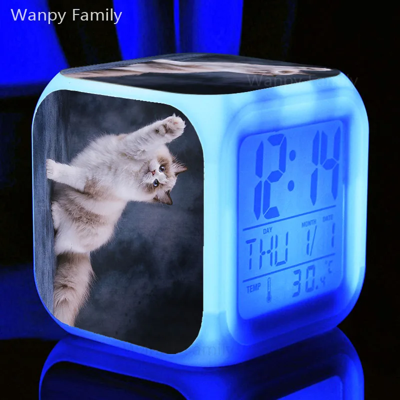 Милый питомец кошка котенок Будильник 7 цветов светодиодный светящийся цифровой будильник для детской комнаты ночной Светильник электронные часы - Цвет: Серый
