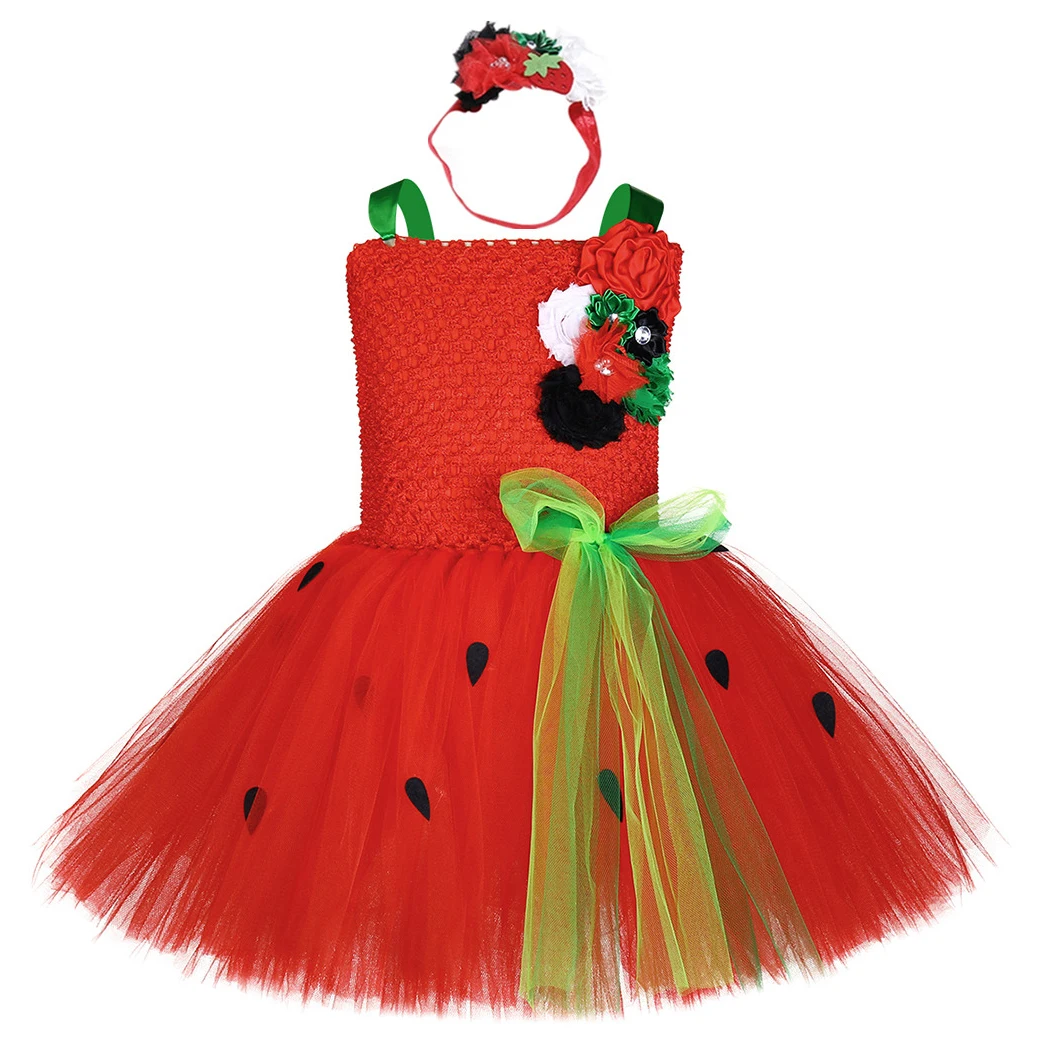 

Red Girls Strawberry Tutu Dress with Headband Outfit Kids Halloween Strawberry Costumes Flowers Baby Girl Birthday Party Dresses