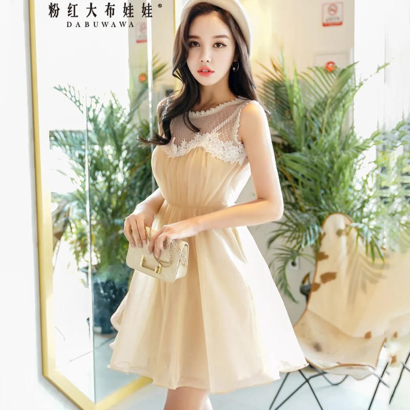 

Dabuwawa Women's Sweet Mesh Lace Patchwork Dress 2019 New Summer Elegant Sleeveless Party Dress D18BDR237