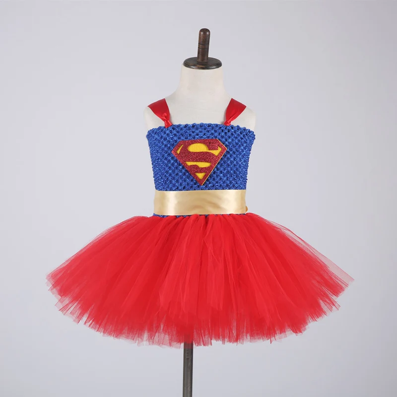 Baratos Venta al por menor superhéroe niñas tutú vestido niños niñas Halloween fiesta vestido niños niña Cosplay princesa vestido con forro de algodón PT146