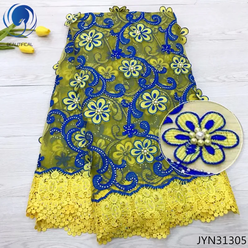 

BEAUTIFICAL Yellow lace 3d fabric 3d french lace luxury fabric 5yards gold line 3d flower lace with beads and rhinestones JYN313