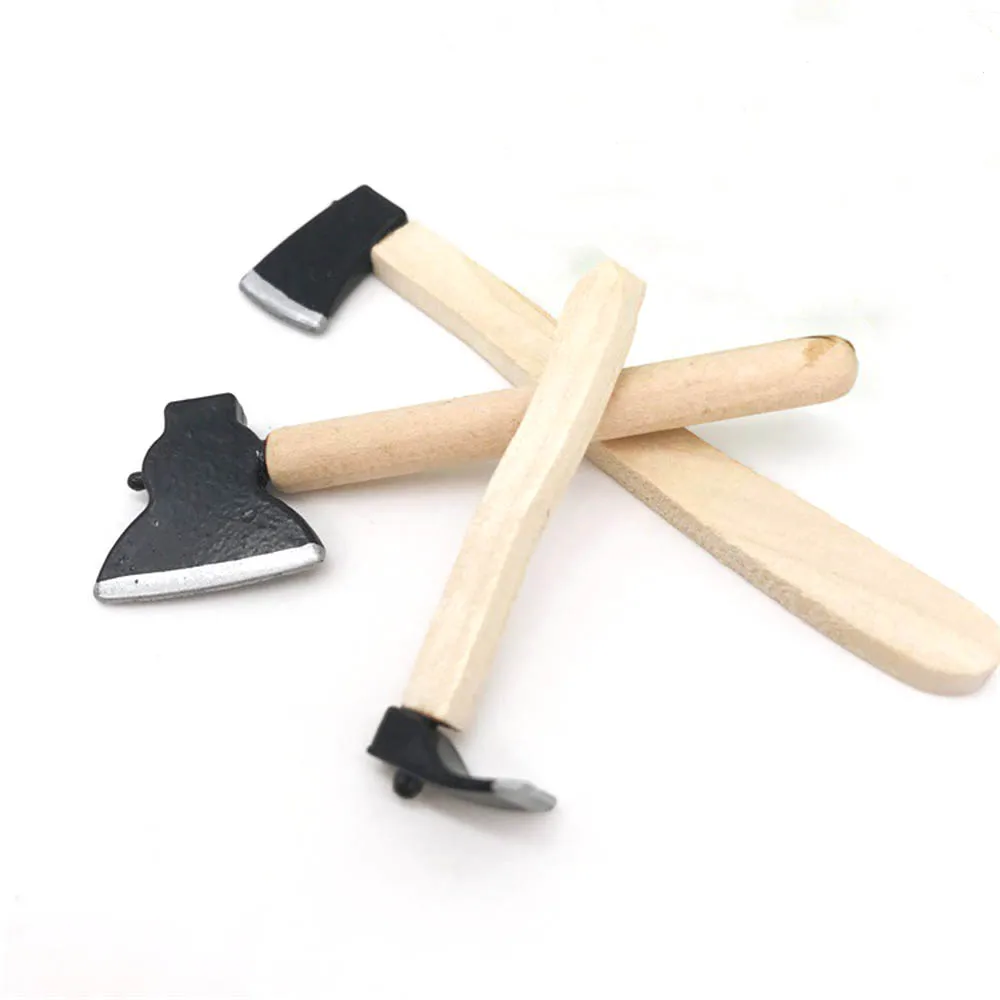 3Pcs 1/12 Dollhouse Miniature Accessories Mini Axe Hoe Simulation Miniature Farm Tools Ax Model Toy for Doll House Decoration 3pcs raw material 2 10mm brass solid round rod lathe bar stock kit perfect various shaft miniature axle model plane ship cars