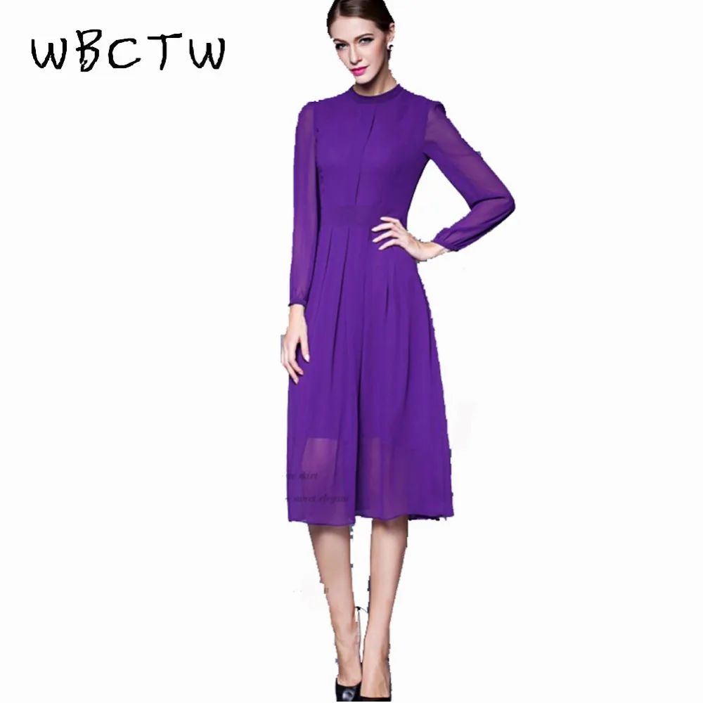

WBCTW Long Sleeve Autumn Dress High Waist A-Line Style Stand Collar Vintage Ladies Dress Midi Elegant Purple Chiffon Dress