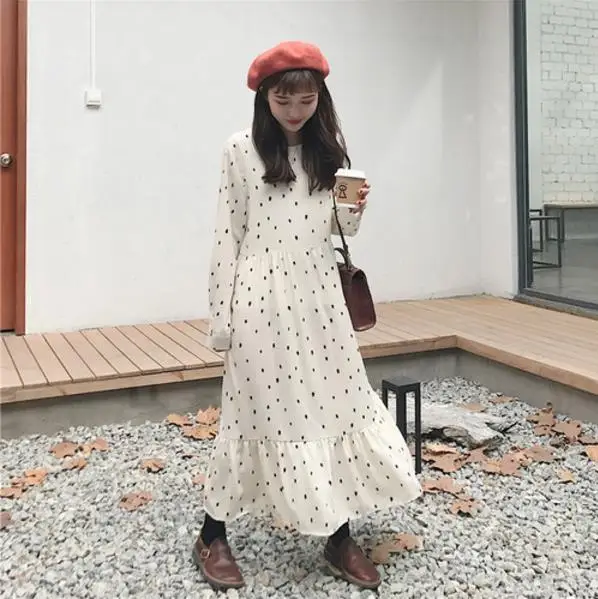

Autumn Winter Dress Long sleeve O-neck Women Elegant Dot Printing Long Casual Dress Female LJ778