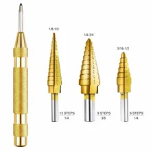 4pcs HSS Titanium Coated Step Drill Bit for Metal/ Wood Drilling hole +Automatic Center Punch 3/16
