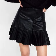Черная плиссированная мини-юбка из искусственной кожи-Женская юбка с высокой талией и кожаным эффектом с плиссированным подолом и передней двубортной пуговицей
