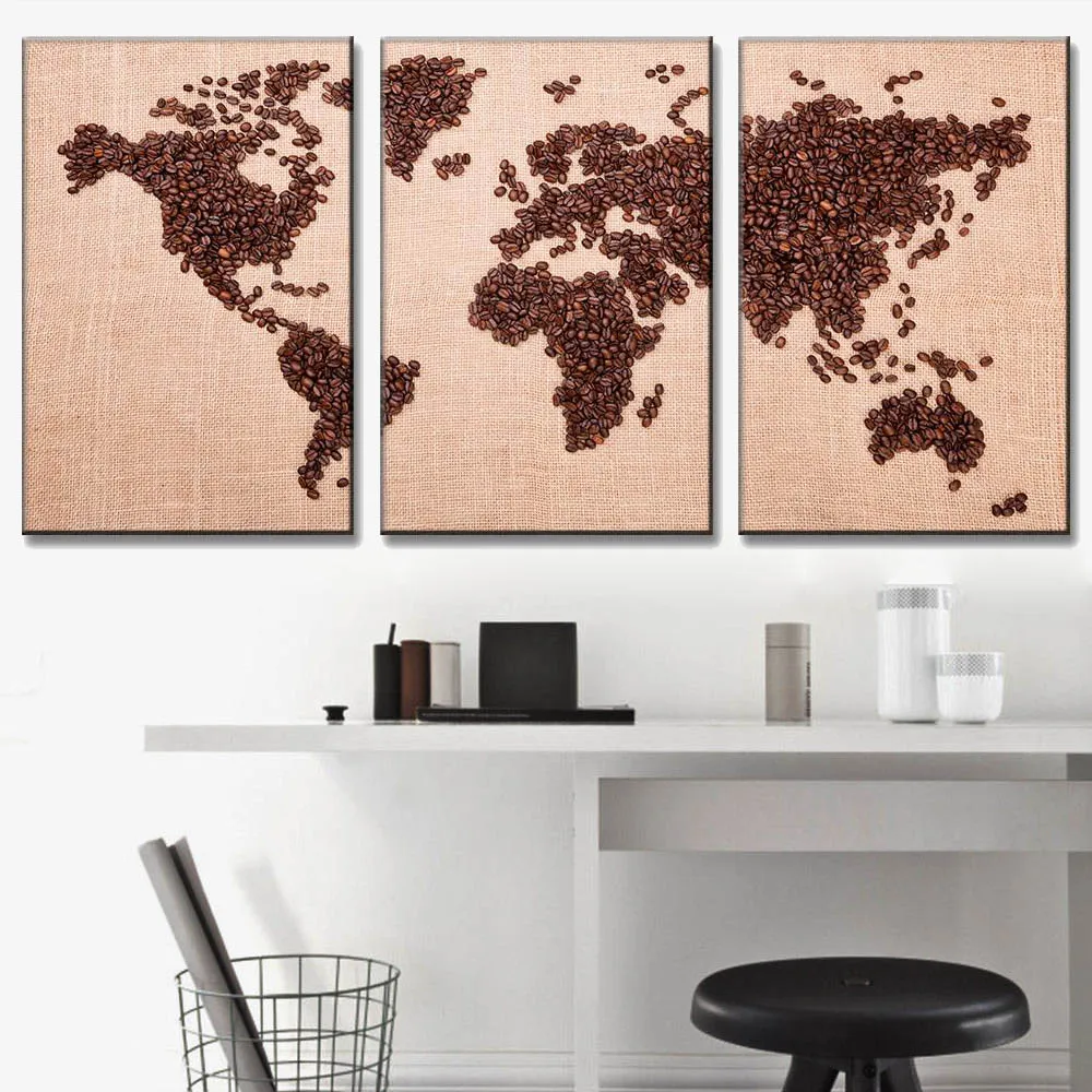 MAPPA del mondo senza Cornice Tela dipinto ad olio Wall Art Immagine 3 pannelli VINTAGE ARREDAMENTO