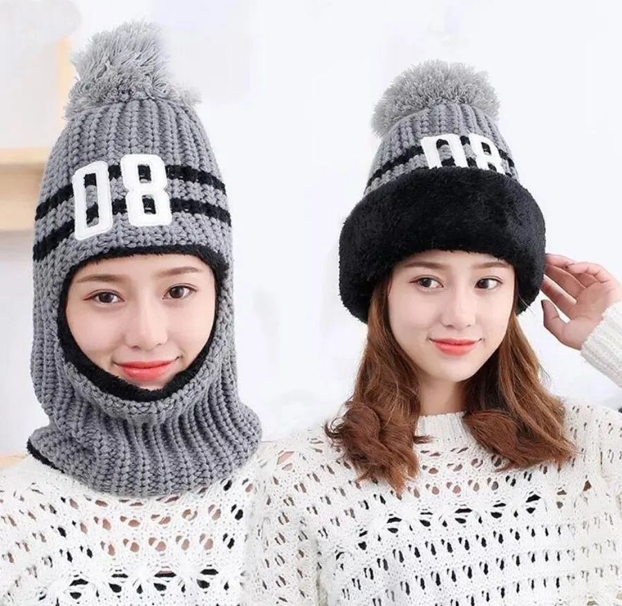 Pom Beanie зима Шапки для Для женщин вязаные шарфы с капюшоном грелки шеи Дамы количество дизайн Кепки и шарф женщина аксессуары